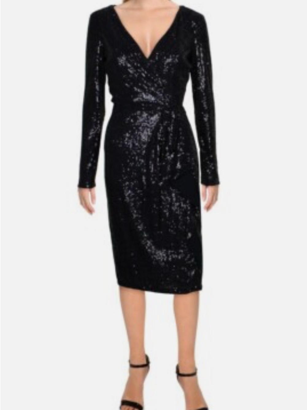 Ralph Lauren Black Sequin Wrap-Style Long Sleeve Dress